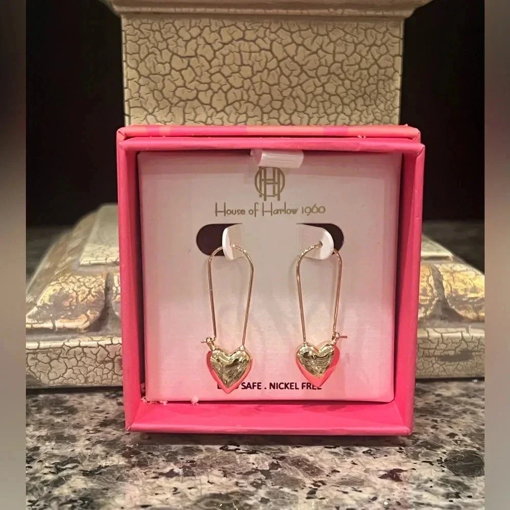 House of‎ Harlow 1960 Shiny Gold Toned Heart Hoop Earrings